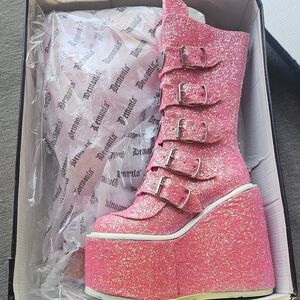 Demonia Pink Platform Boots with Glitter Finish